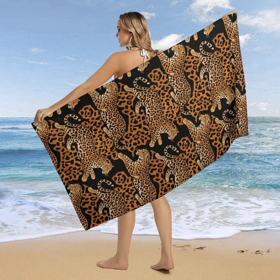 Trendy Funky Retro Leopard  Beach Towel Cheetah Design Oversize Absorbent Quick Dry Microfiber Towels for Bathroom Swimming Pool Camping Beach Travel Things for Vacation Essentials Adult Gift