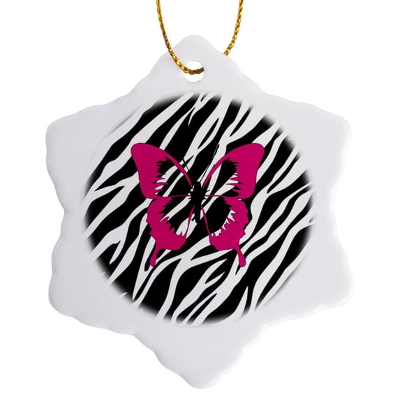 3drose, Trendy Fushcia Butterfly on Zebra, 3 inch Snowflake Porcelain Ornament