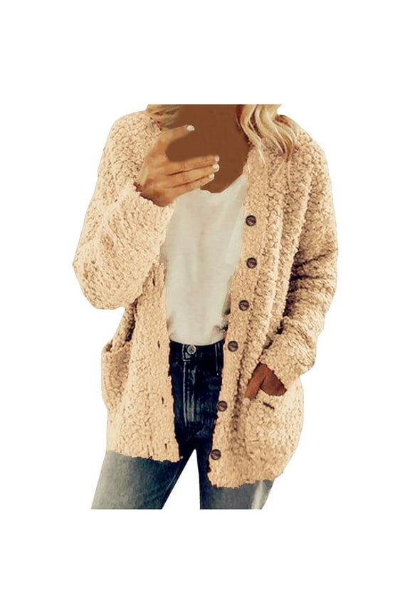Trendy Fuzzy Sweaters for Women Button Down Open Front Cardigan Loose Outerwear Cardigan with Pockets