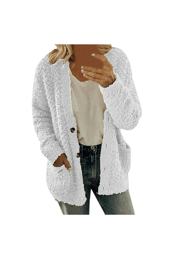 Trendy Fuzzy Sweaters for Women Button Down Open Front Cardigan Loose Outerwear Cardigan with Pockets