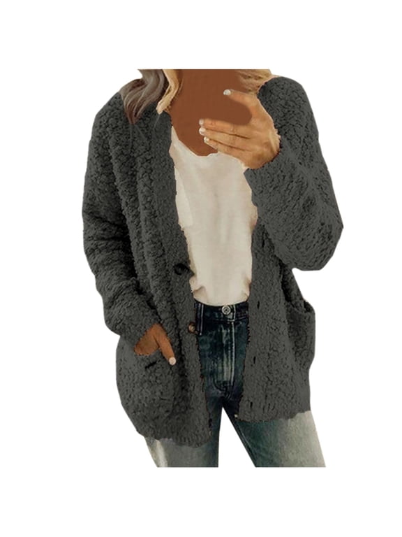 Trendy Fuzzy Sweaters for Women Button Down Open Front Cardigan Loose Outerwear Cardigan with Pockets