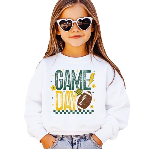 Trendy Game Day Sweatshirt for Women, Teens, and Kids Green & Yellow Girly Football Sweater White Sweatshirt Youth Small