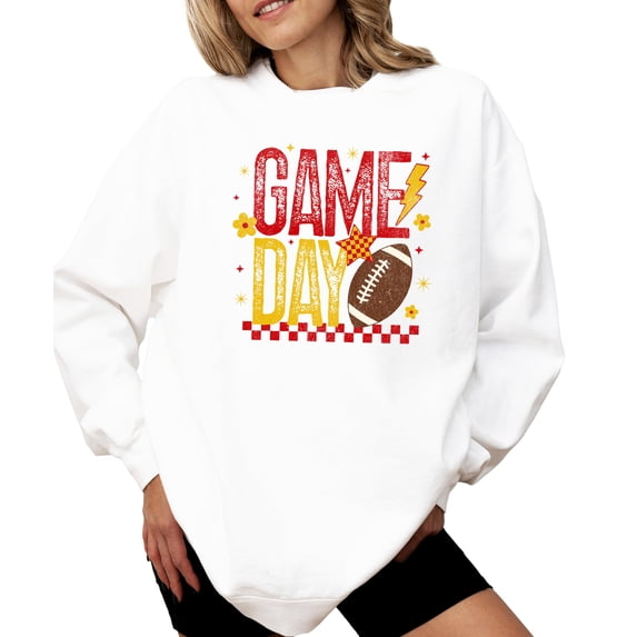 Trendy Game Day Sweatshirt for Women, Teens, and Kids Red & Yellow Girly Football Sweater White Sweatshirt Adult Medium