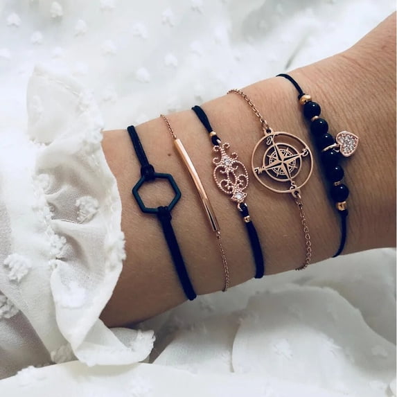Trendy Geometric Link Chain Bracelet Set For Women Rhinestones Gold Color Leaves Heart Pendant Open Cuff Bangle Girls Jewelry