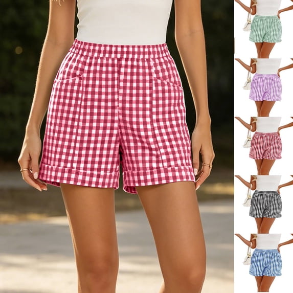 Trendy Gingham Shorts for Women Summer Elastic Waist Rolled Hem Loose Casual Cotton Shorts with Pockets Wine M