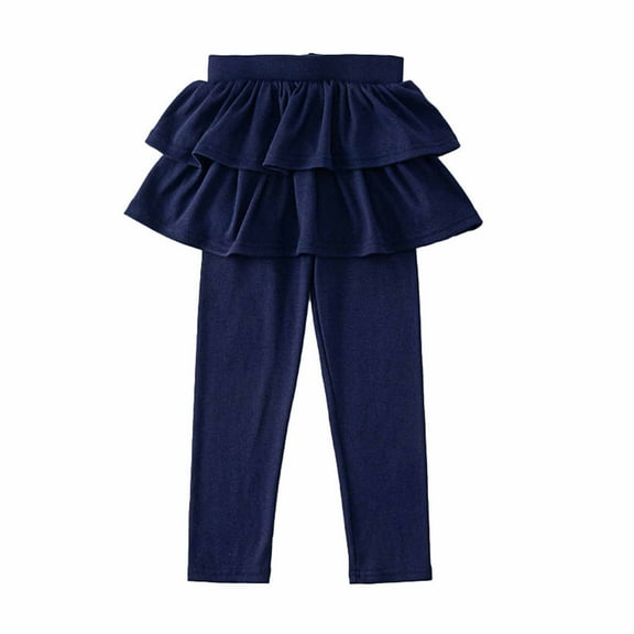 Trendy Girl's Leggings with Skirt Cotton Kids Clothing Ruffle Tutu Pants Workout Casual Slimming Fall Outfits, Navy, 6 Years