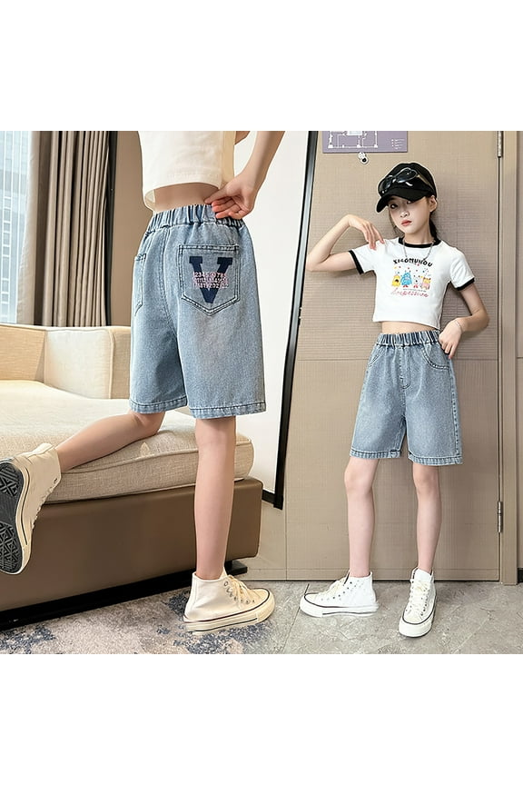 Trendy Girls Denim Shorts Casual Summer Experience Stretchy Waist Stylish Ripped Hem Jean Bottoms for Active Play Everyday Wear