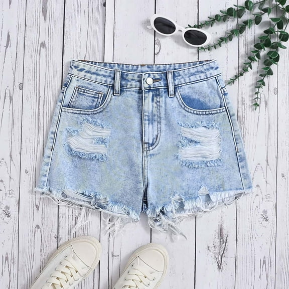 Trendy Girls Denim Shorts Distressed Design Casual Summer Style for Teen Girls Comfortable Elastic Waist for Everyday Wear