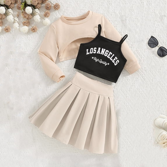 Trendy Girls Outfits Set Summer Casual Wear Round Neck Long Sleeve Top with Letter Print and Solid Short Skirt for Ages 3 to 10