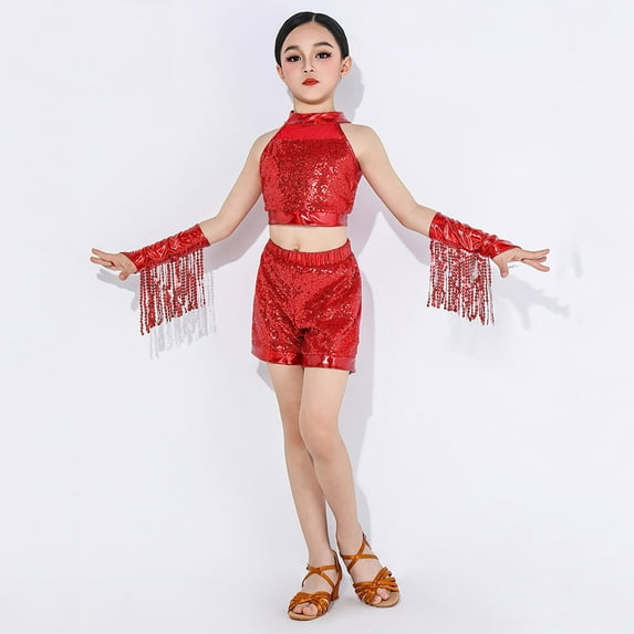 Trendy Girls Outfits Set Three-Piece Ensemble for Dance Performance Sleeveless Top Shorts with Fringe for Ages 3-12