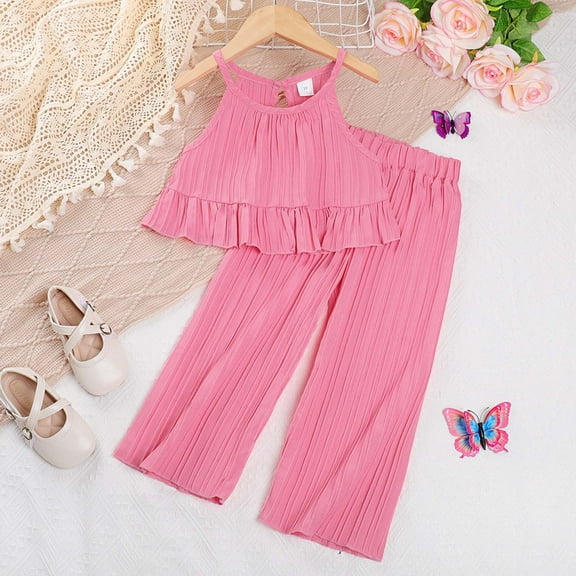 Trendy Girls Outfits Set for Summer Stylish Toddler Clothing with Ruffled Tops and Wide Leg Pants Fashion Ensemble for Kids