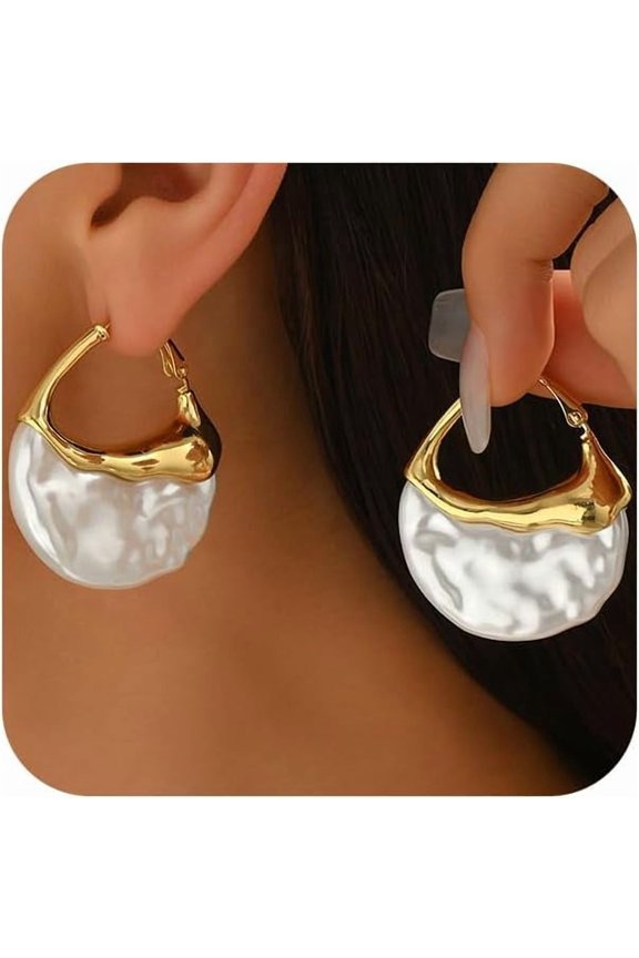 Trendy Gold Half Round Moon Pearl Earrings Statement for Women, Charm Vintage Unique Chunky Irregular Pearl Hoop Earrings Dainty Valentine Jewelry Gift
