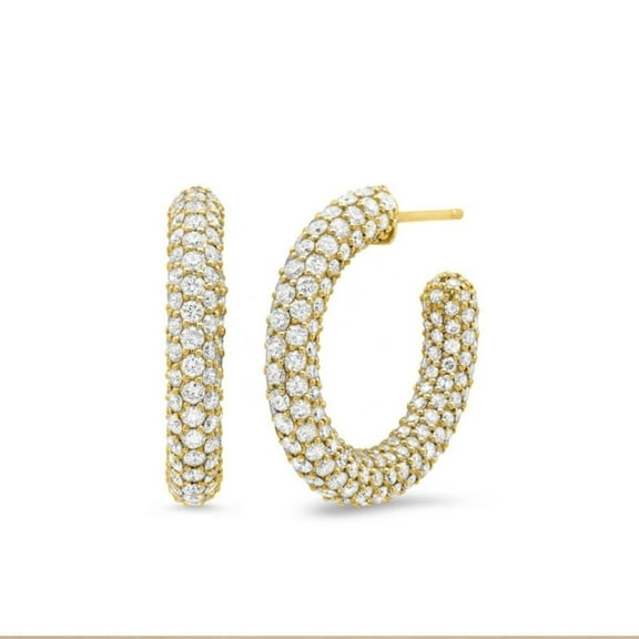 Trendy Gold Hoop Earrings for Women Thick Cuff Hypoallergenic 925 Sterling Silver Post Round Cut CZ Statement Wedding Earrings