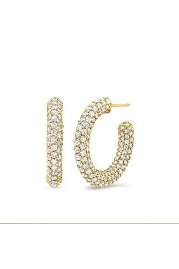 Trendy Gold Hoop Earrings for Women Thick Cuff Hypoallergenic 925 Sterling Silver Post Round Cut CZ Statement Wedding Earrings