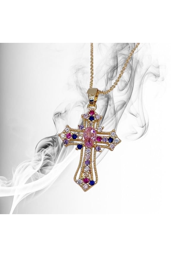 Trendy Gold Iridescent Cross Pendant Necklace 1PC Multi Color Stainless Steel with Zircon Crystals 32mm x 18mm Silver Chain Necklace for Women Jewelry Christmas Gifts Halloween Accessories