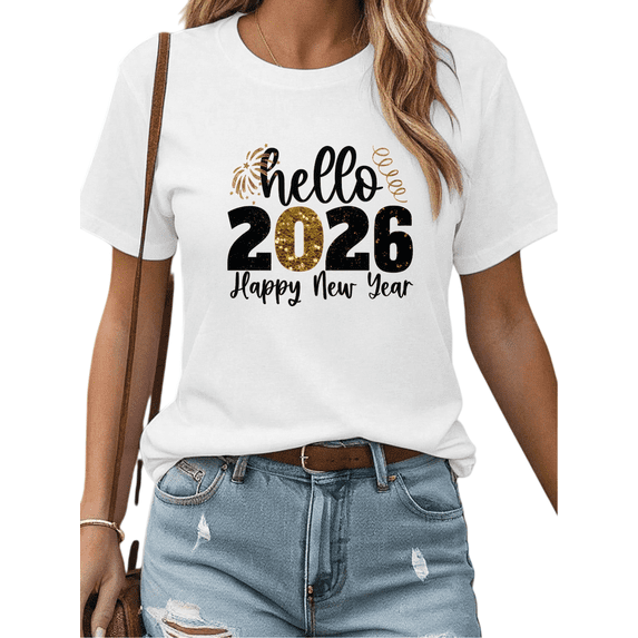 Trendy Gold Pattern Hello 2026 Theme Graphic Tee T Shirt Tops Soft and Breathable Short Sleeve Round Neck White S-5XL