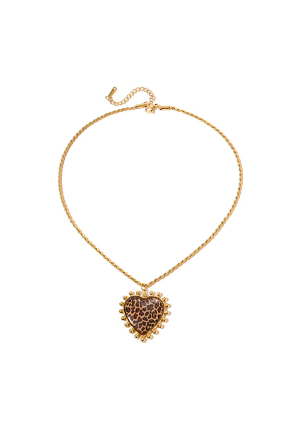 Trendy Gold Plated Heart Pendant Necklace Leopard Print Stainless Steel Jewelry