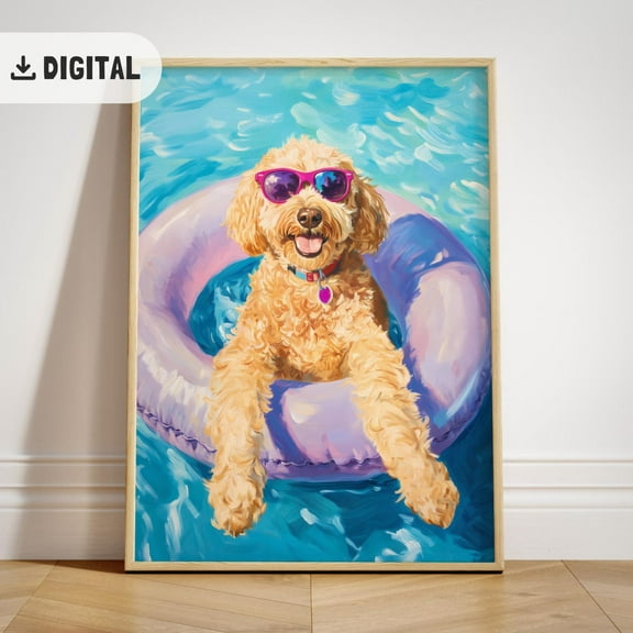 Trendy Goldendoodle Poster Colorful Summer Doodle Dog Beach Decoration Coastal Poster Wall Art Maximalist Decor Dopamine, Unframed Poster Size 8x12