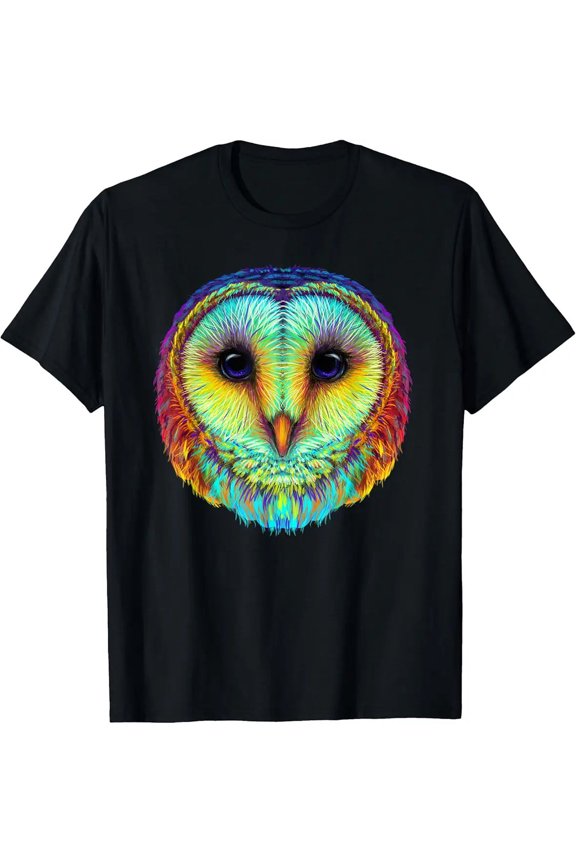 Trendy Graphic Colorful Cute Barn Owl Head Art Face Illustration Unisex T-Shirt, S - 5XL