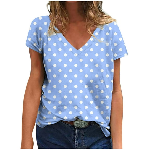 Trendy Graphic T-shirts Womens Short Sleeve Polka Dots Print V Neck Loose Summer Casual Tops Cute Tee Shirts (Large, Sky Blue)