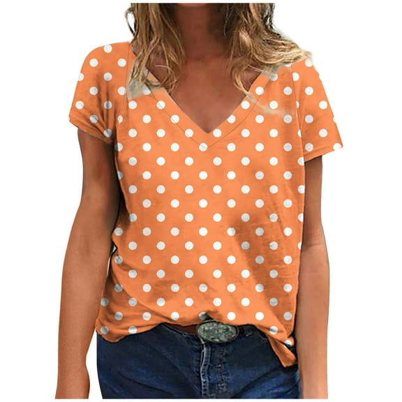 Trendy Graphic T-shirts Womens Short Sleeve Polka Dots Print V Neck Loose Summer Casual Tops Cute Tee Shirts (S, Orange)