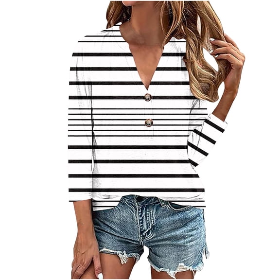 Trendy Graphic Tees for Women 2024 Plus Size Button Down V Neck 3/4 Sleeve Tunic Tops Cotton Summer Loose Casual Shirts S-4XL, White, S
