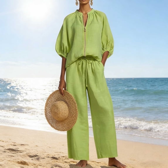 Trendy Green Linen 2 Piece Outfit Womens Half Sleeve Zip up Blouse Top and Drawstring Wide Leg Pants for Summer Daily Vacation Green XL