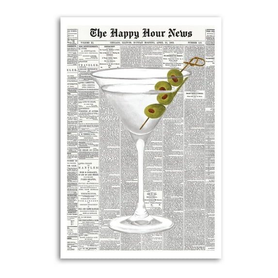 Trendy Green Martini Vintage Cocktail Newspaper Canvas Wall Art Prints Poster Gifts Photo Picture Painting Posters Room Decor Home Decorative 12x18inch(30x45cm)