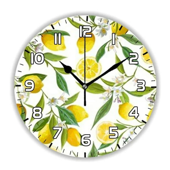 Trendy Greenery Wreath Yellow Lemon Kitchen Wall Clock for Farmhouse Garden Plants Citrus Leaves Big Wall Watch Home Decor Gift(10 Inch)