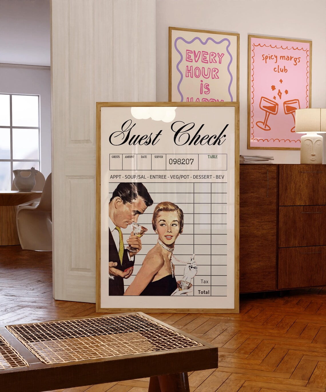 View of Trendy Guest Check Retro Champagne Wall Art Vintage Aesthetic Unique ...