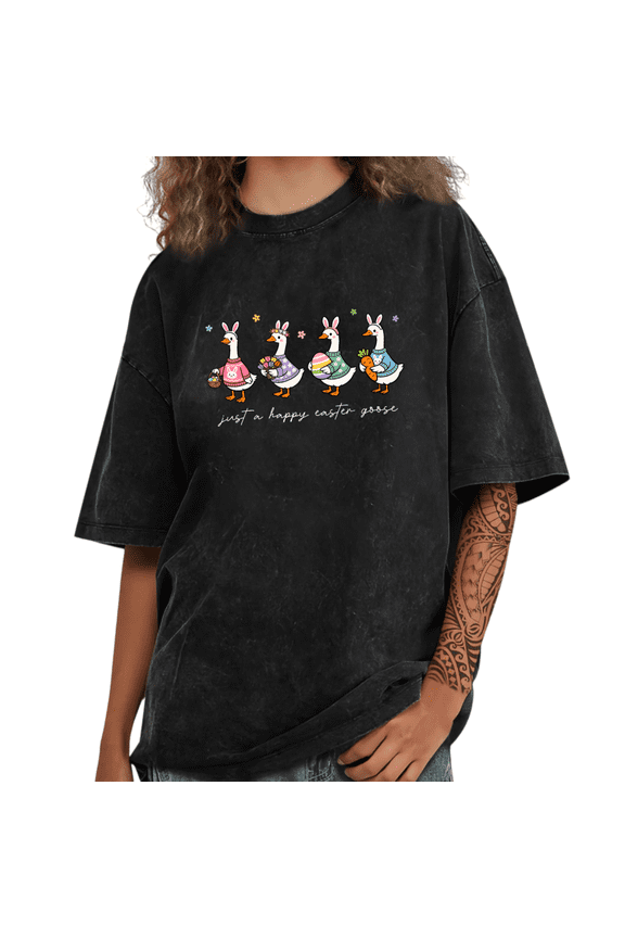Trendy Happy Easter Goose Bunny Ears Graphic Timeless Versatile Tees T Shirt Tops Short Sleeve Black S-2XL Plus Size
