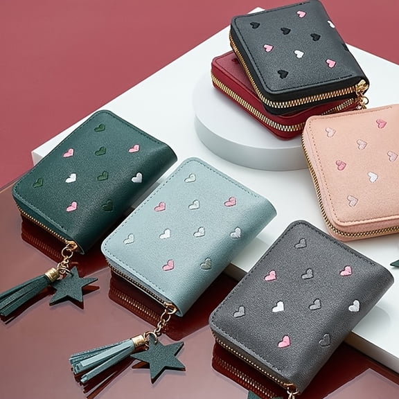 New Trendy Heart Embroidered Short Zero Wallet Portable Tassel Zipper Card Holder