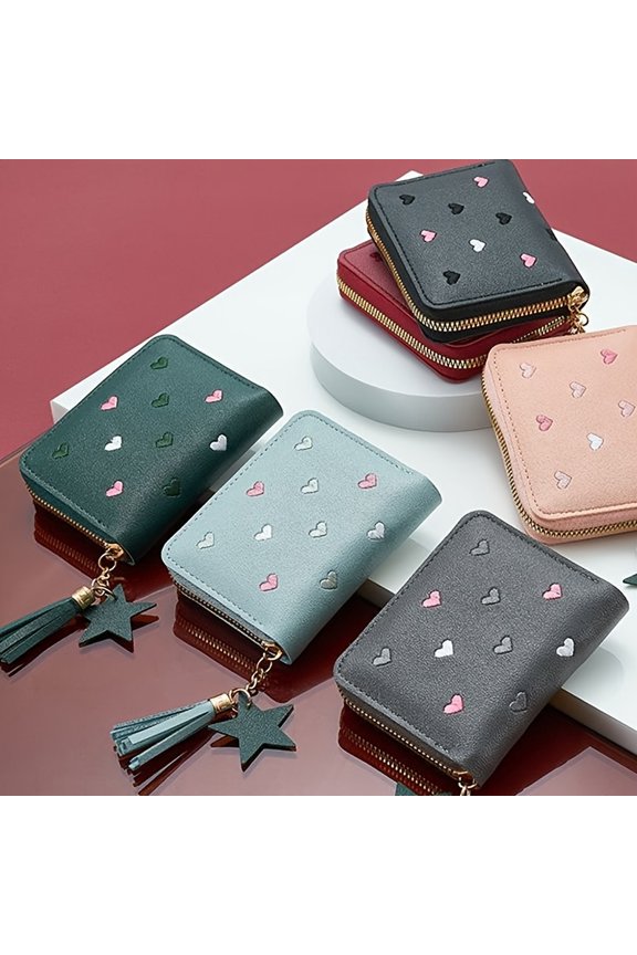 Trendy Heart Embroidered Short Zero Wallet Portable Tassel Zipper Card Holder