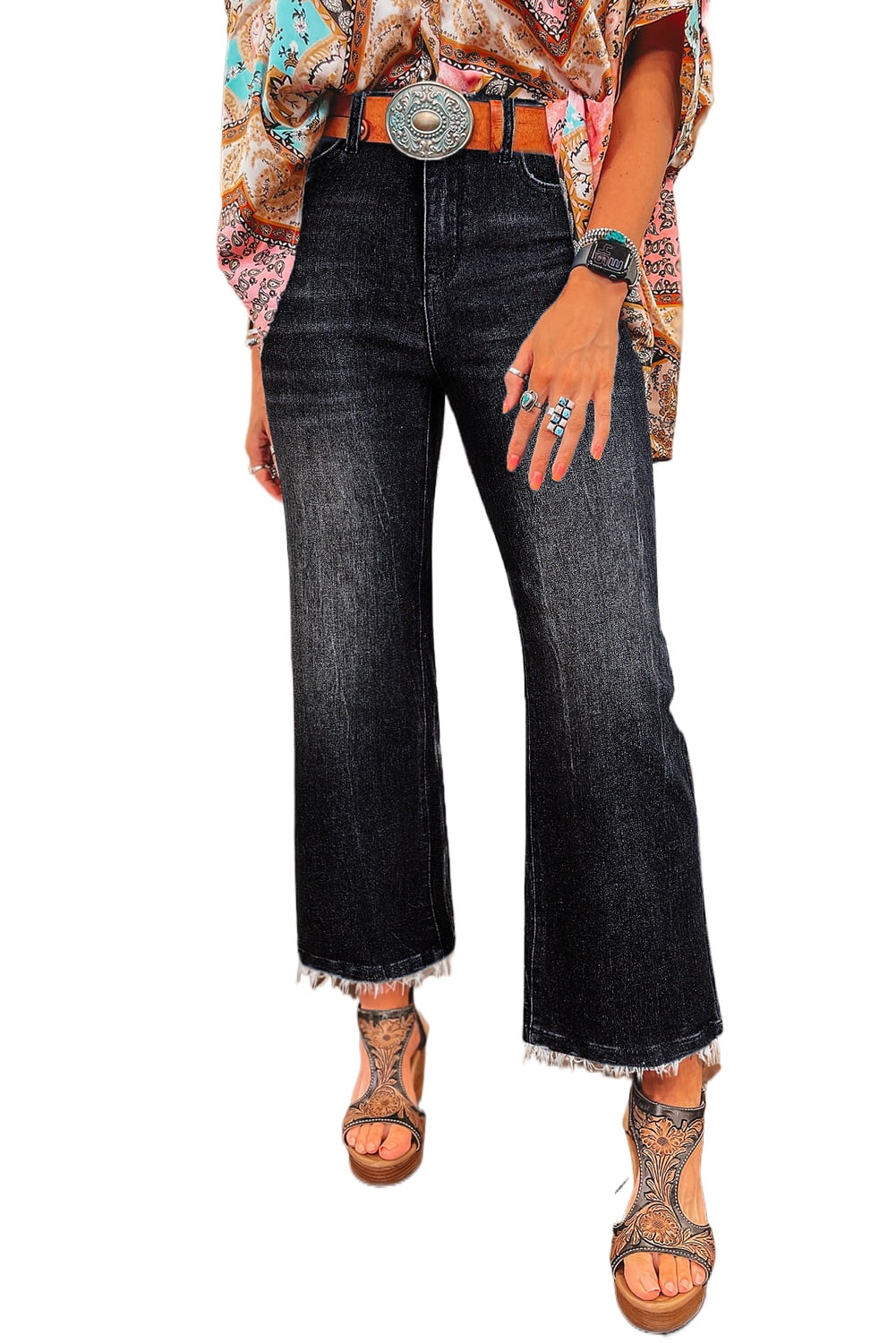 Mineral Wash Raw Hem High Waist Flared Jeans