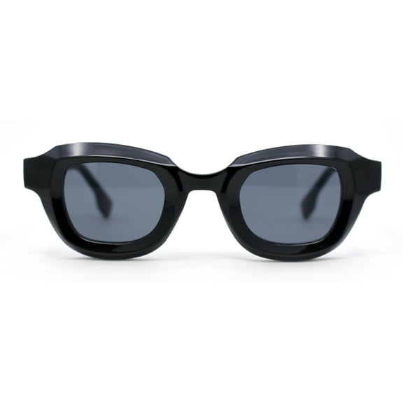 Trendy Hipster Small Rectangular Dimensional Thick Frame Horn Rim Sunglasses All Black