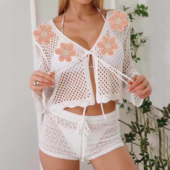 Trendy Hollow Out Cardigan Sweaters for Women 2025 Lightweight Sweet Floral Embroidered Long Sleeve Tops Casual Fall Fashion Solid Color Sweater