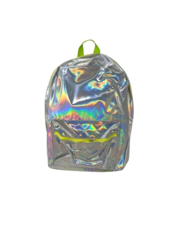 Trendy Holographic Quilted Backpack Shiny Metallic Daypack with Neon Accents for School, Travel & Fashion