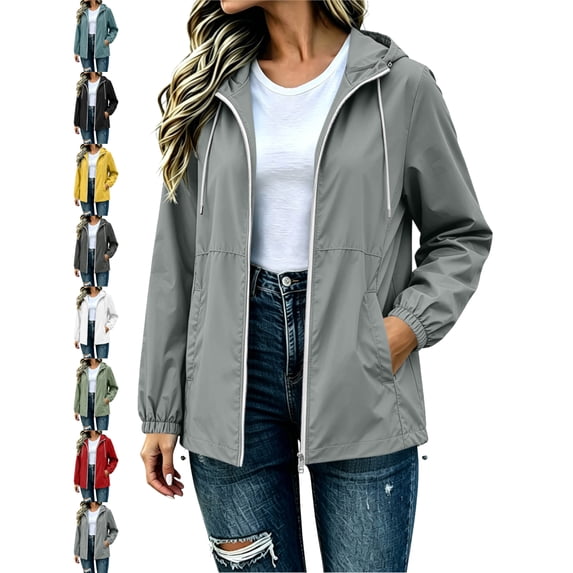 Trendy Hooded Rain Jacket for Women Full Zip Waterproof Windproof Casual Long Sleeve Outdoor Winter Jacket