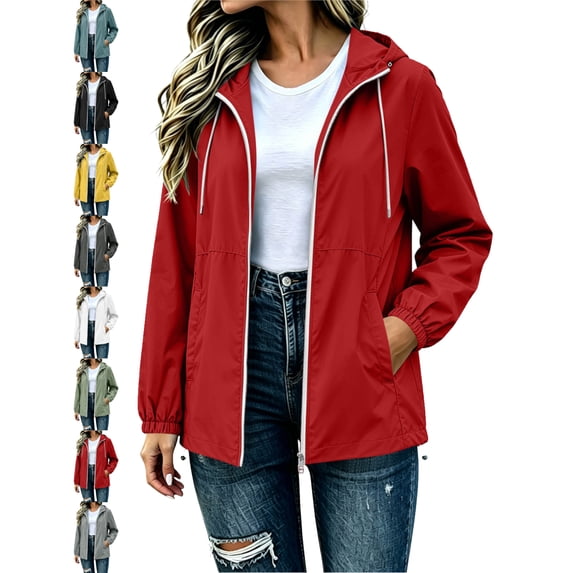 Trendy Hooded Rain Jacket for Women Full Zip Waterproof Windproof Casual Long Sleeve Outdoor Winter Jacket