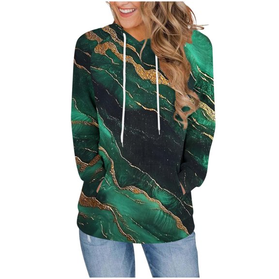Trendy Hoodies Women Hearts Striped Print Sweatshirt with Pocket Loose Long Sleeve Drawstring Cute Pullover Tops (XL, Green)