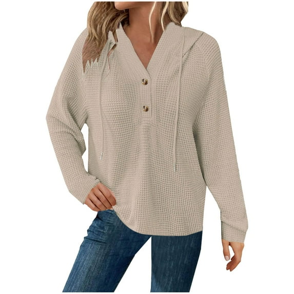 Trendy Hoodies Womens Waffle Textured Drawstring Button V Neck Casual Pullover Hooded Sweatshirt Long Sleeve (L, Beige)