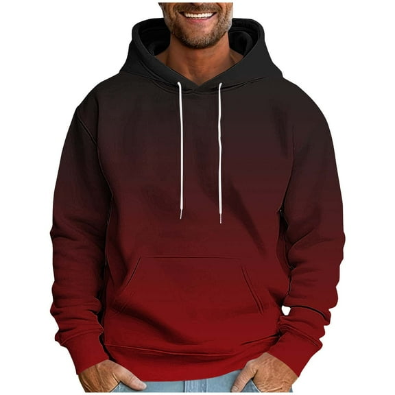 Trendy Hoodies for Men Gradient Color Drawstring Hooded Pullover Sweatshirts with Pocket Long Sleeve Casual Tops (XL, Red)
