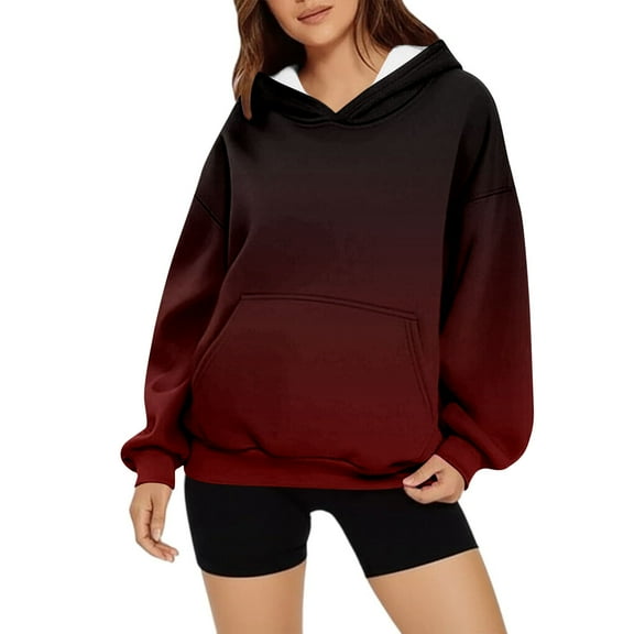 Trendy Hoodies for Women Cotton Gradient Color Pocket Fall Winter Loose Hooded Sweatshirt with Thin Fleece Lined (M, Wine 01)