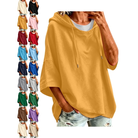 Trendy Hoodies for Women Oversized Pullover Casual Hooded Drawstring Solid Color 3/4 Split Sleeve Sweatshirt Top