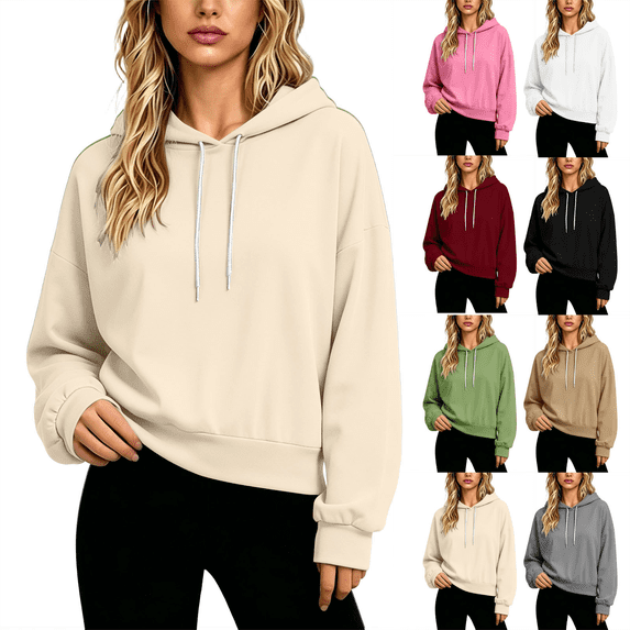 Trendy Hoodies for Women Oversized Pullover Hooded Long Sleeved Drawstring Hat Loose Short Sports Solid Color Sweatshirt