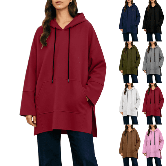 Trendy Hoodies for Women Oversized Pullover Long Hooded Sweatshirt With Drawstring Side Placket Large Pocket Loose Long Sleeved Casual
