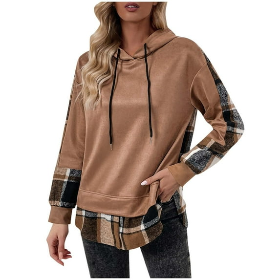 Trendy Hoodies for Women Plaid Checkered Patchwork Split Hem Hooded Sweatshirt Velvet Flannel Pullover Fall Tops (S, Coffee)