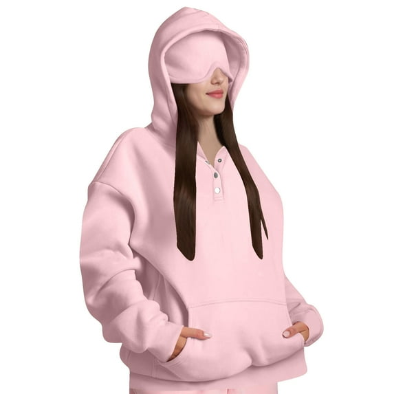Trendy Hoodies for Women with Eye Mask 4-Button Plain Pullover Baggy Hooded Sweatshirt Pocket Travel Outfits, Pink|Mask 2XL