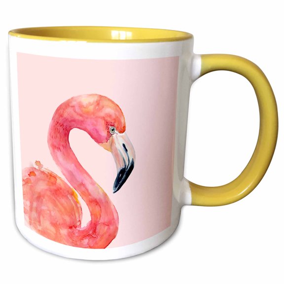3drose, Trendy Hygge Scandi Pink Flamingo Watercolor Illustration, 15oz Two-tone Yellow Mug