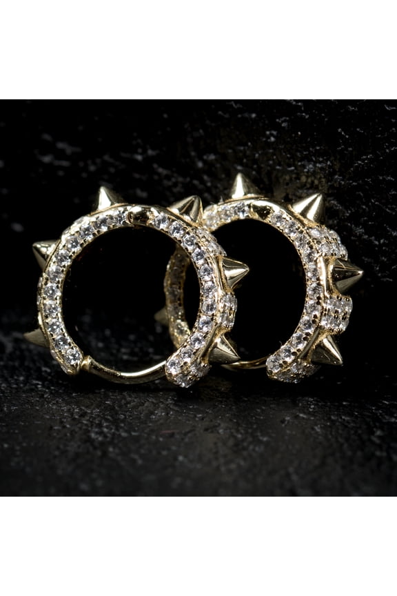 Iced Cz 14K Yellow Gold Plated Punk Style 925 Sterling Silver PostSmall Trendy Spike Cool Thorn Hoop Earrings for Men Women Huggie Hoops Earrings